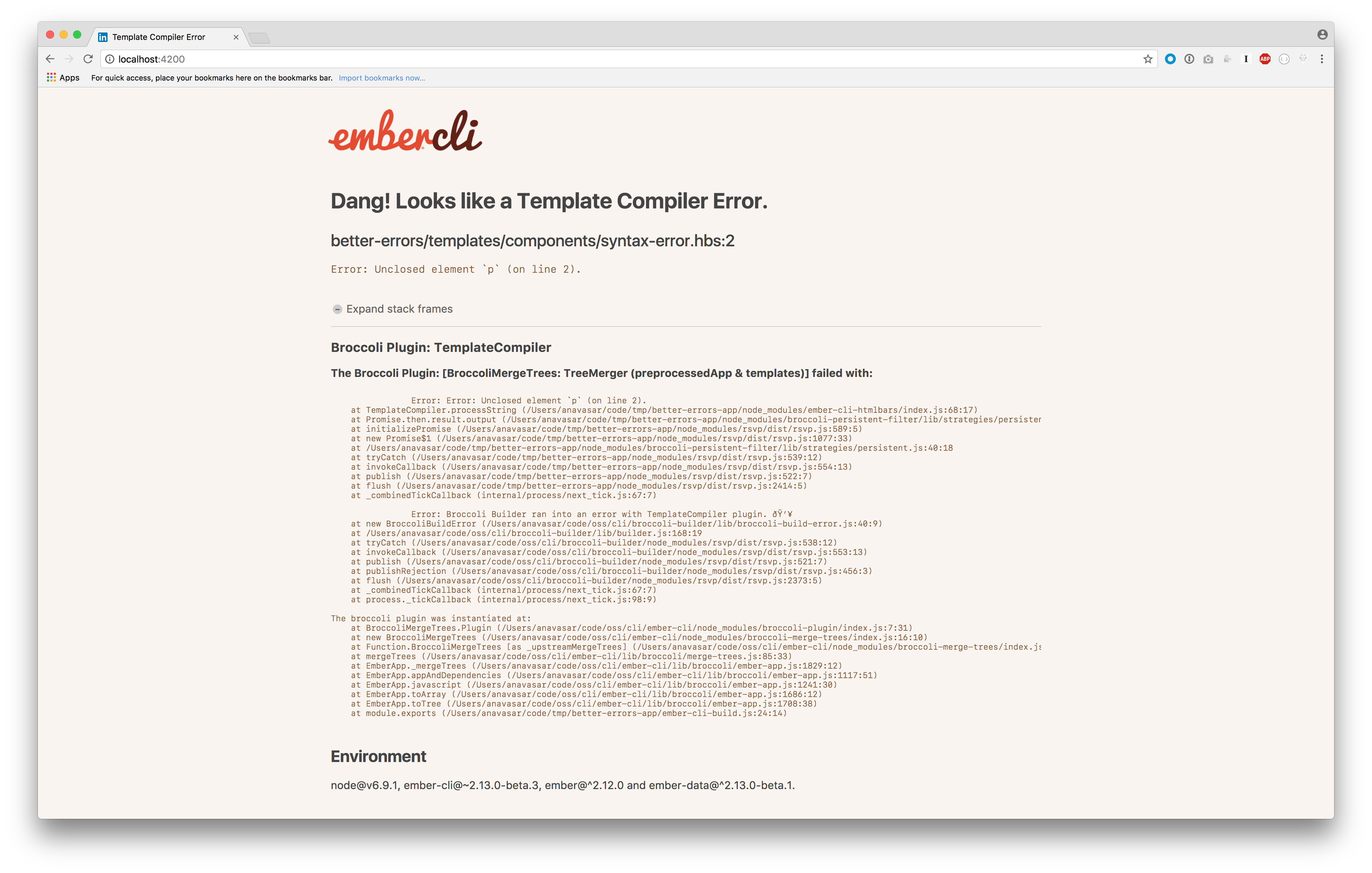 A screenshot of improved error messages in Ember 2.15